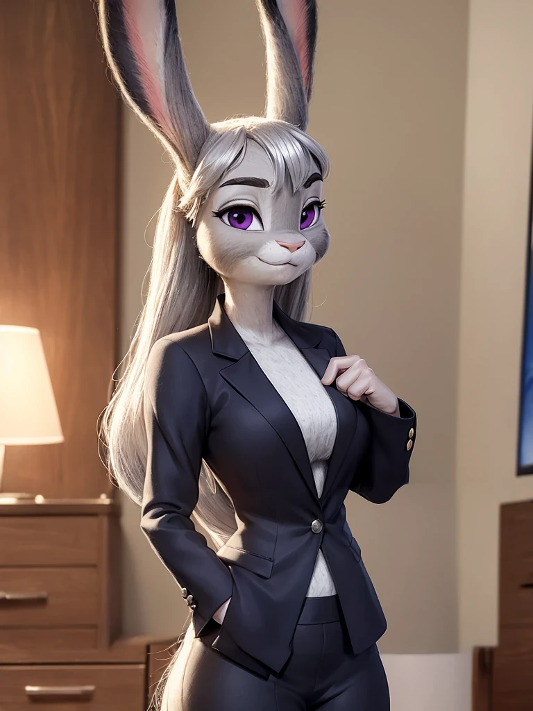 best quality, masterpiece, 3D anime, (((solo))), (((1girl))),  ((Face is JudyHopps)), (long ears like a rabbit:0.8), Heir is in a black ponytail style, Body is human lady, 	Navy blue business suit, Tailored jacket, White blouse, Skirt, (the suit is made of wool:1.4), suit color is {gray, black, stripe}, ((skin is silver with fluffy and fluffy)), (portrait view), In the background there is a office space, Her expression shows subtle makeup with a gentle smile, Waiting with hands folded in front of oneself