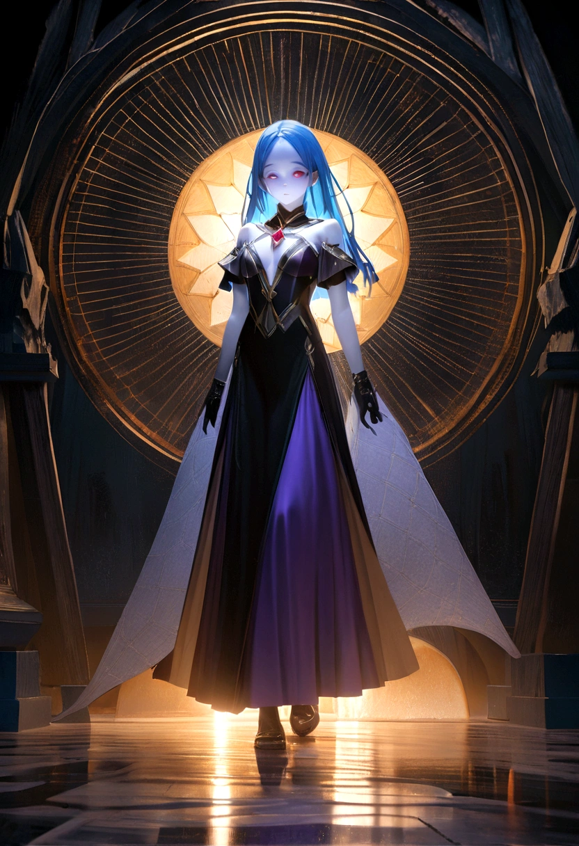 (woman\(Magical girl, Purple long skirt, Long flowing blue hair, Red pupils, Pale skin, Indifferent face,Cold eyes，Magic elements gathered in hand，The magic element forms a vortex that surrounds),night，Blood Moon,quality\(8K,Extremely detailed CG unit wallpaper, masterpiece,high resolution,top-quality,top-quality real texture skin,Surrealism,提high resolution,original photo,Best quality,Very detailed,light,Ray Tracing,Golden Ratio\)