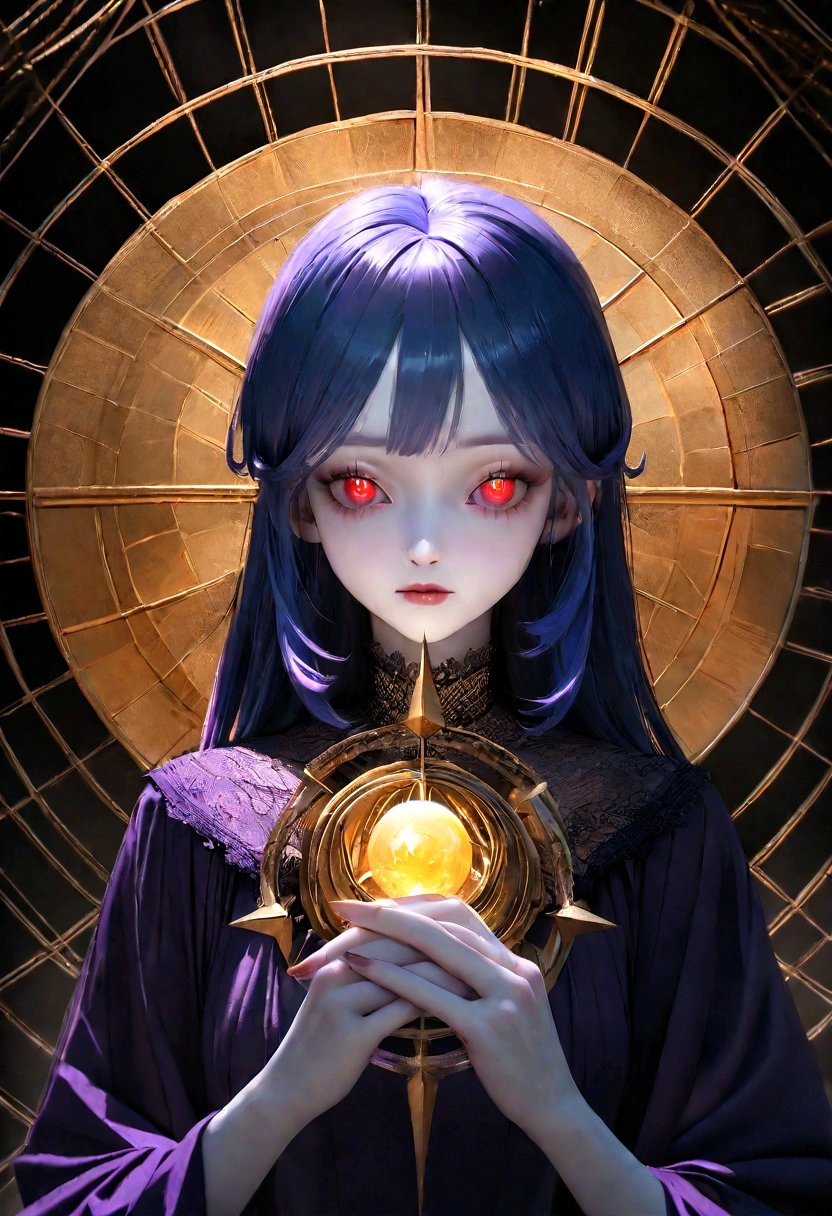 (woman\(Magical girl, Purple long skirt, Long flowing blue hair, Red pupils, Pale skin, Indifferent face,Cold eyes,Magic elements gathered in hand,The magic element forms a vortex that surrounds),night,Blood Moon,quality\(8K,Extremely detailed CG unit wallpaper, masterpiece,high resolution,top-quality,top-quality real texture skin,Surrealism,提high resolution,original photo,Best quality,Very detailed,light,Ray Tracing,Golden Ratio\)