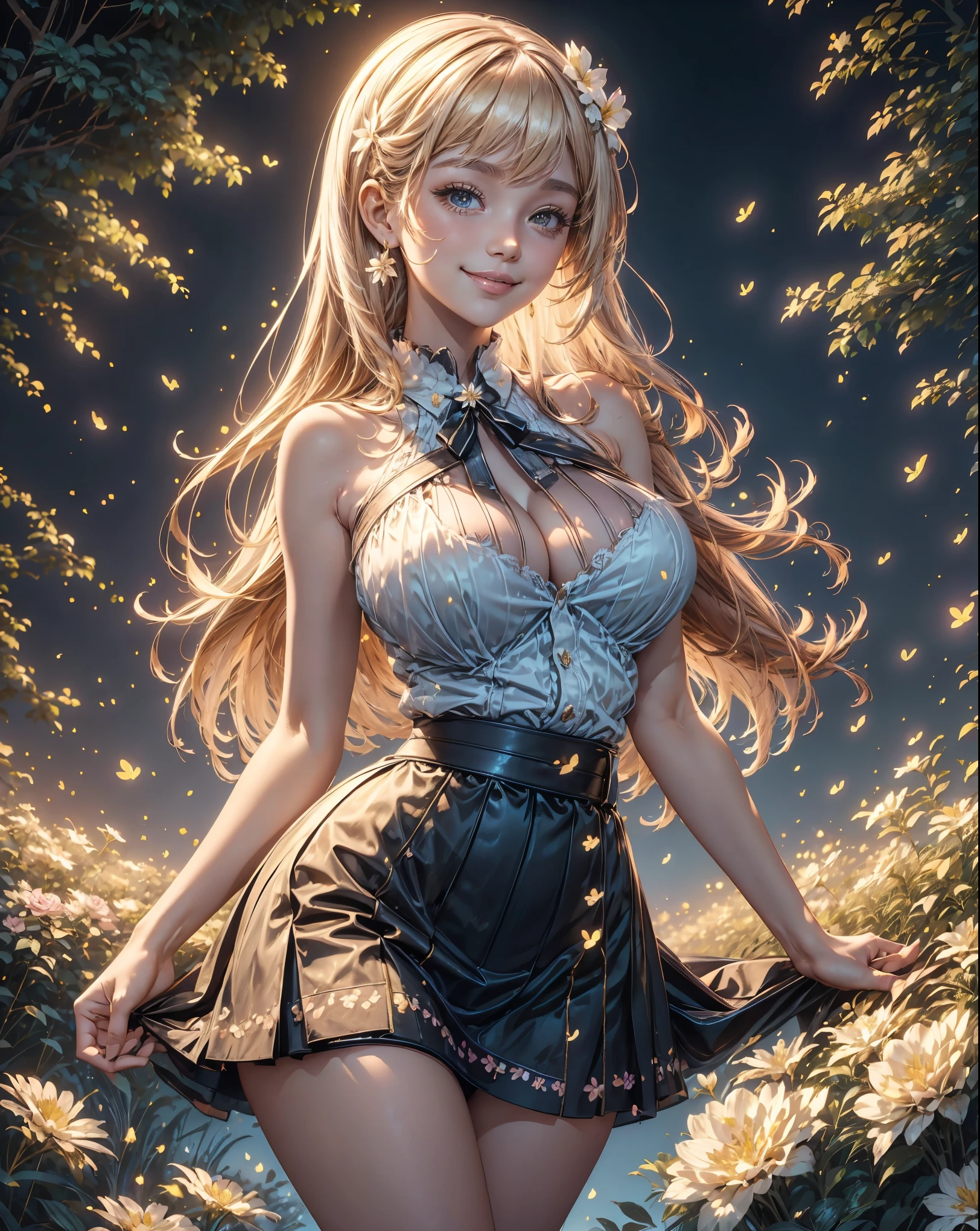 a woman is posing in front of the eiffel tower, wearing skirt, smily face smile on face, , hot body curves, beautiful flowers, super model, , popular on instagram, goddess, photo of slim girl, photo of slim girl model, princess, beautiful  woman photo