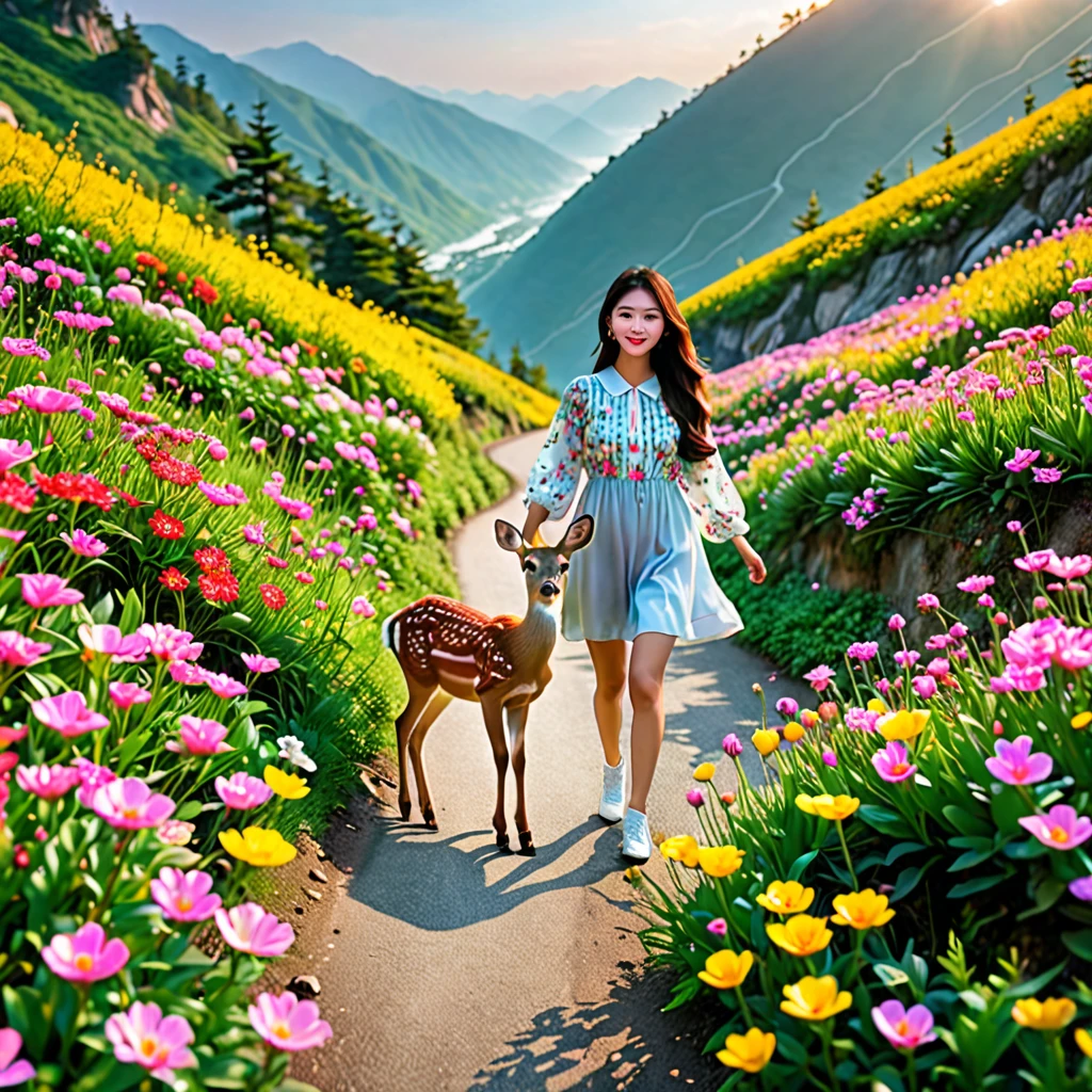 High sense of reality,There is a colorful sea of flowers blooming neatly on a mountain,There is a beautiful young girl taking pictures among the flowers,There is a cute little deer running on the mountain road next to it,Enshrouded by the morning sun,The air is filled with the fragrance of flowers