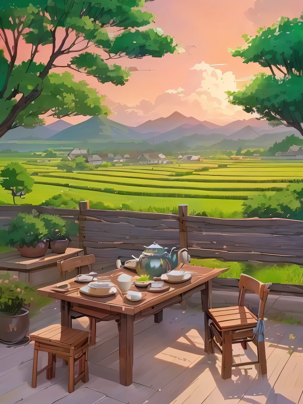 There is a table,There is a teapot and two chairs on it., Anime rural scenery, anime background technology, Anime Background, Anime Landscape concept art, Cozy cafe background, background technology, Landscape Artwork, Summer environment, Anime Landscape, Anime Landscape, Distant village background, beautiful Anime Landscape, Anime beautiful peaceful scene, Beautiful anime scene, Relaxation concept art