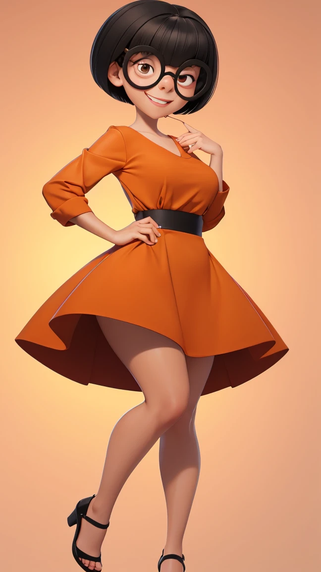 (best quality:1.4),(shiny skin), body focus, (cute face), (((best quality))), illustration, ((Beautiful Finger)), , Beautiful body, Beautiful character design, ,perfect lighting, Colorful, Bright_Front_face_Lighting, ultra high res, highres, absurdres:1.2, bokeh:1.2, lens flare, (vibrant_color:1.2), (Beautiful, medium breasts:1.2), (thick thighs:1.1), THICK, 1girl,
Short black hair, large round glasses, big round eyes with light pupils, thin eyebrows, small nose, light skin tone, subtle smile, wearing a orange dress, hands on hips, brown eyes, Edna Moda, full body view, show sexy legs, bug breasts, sexy, provocative