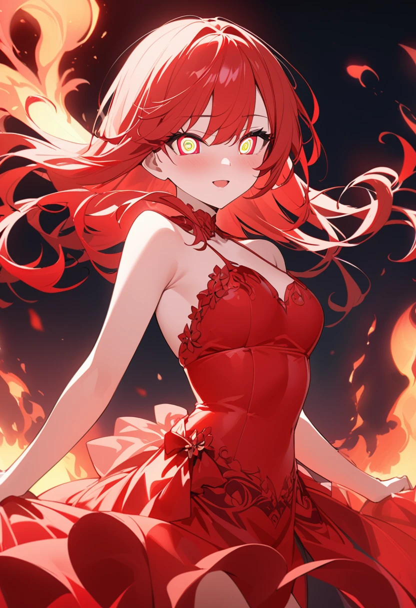You are a professional illustrator。Please carefully check and draw the illustration according to the following conditions.。Crimson Theme、A girl dancing in the swirling flames、Gazing Eyes、Harem、Delicate anime face、Alluring expression、Transparent Eyes、Delicate and beautiful skin、Bright red clothes、