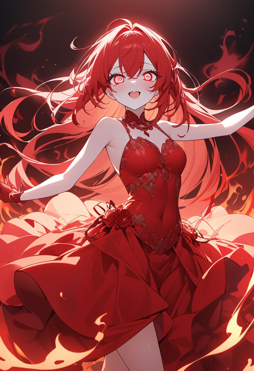 You are a professional illustrator。Please carefully check and draw the illustration according to the following conditions.。Crimson Theme、A girl dancing in the swirling flames、Gazing Eyes、Harem、Delicate anime face、Alluring expression、Transparent Eyes、Delicate and beautiful skin、Bright red clothes、