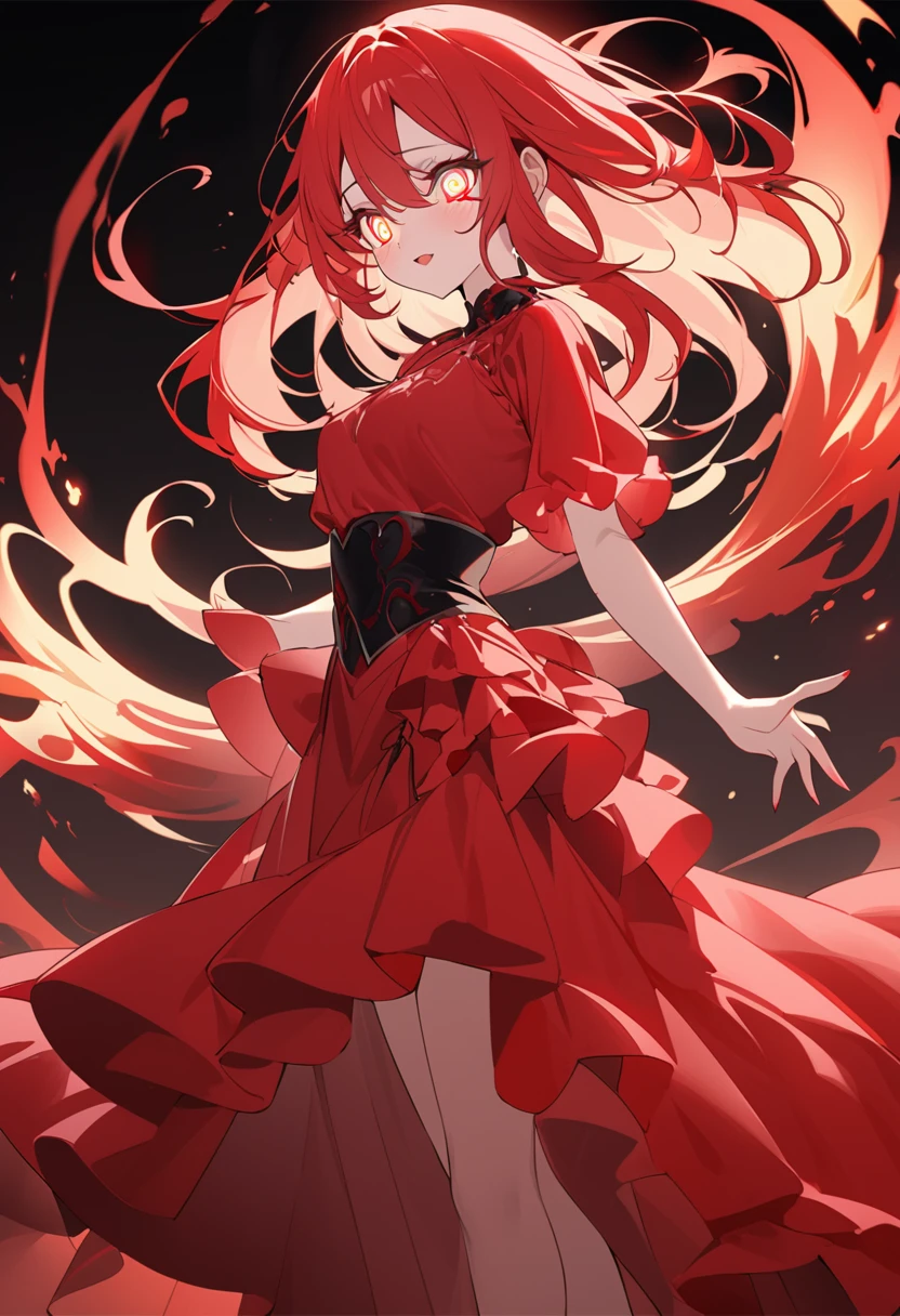 You are a professional illustrator。Please carefully check and draw the illustration according to the following conditions.。Crimson Theme、A girl dancing in the swirling flames、Gazing Eyes、Harem、Delicate anime face、Alluring expression、Transparent Eyes、Delicate and beautiful skin、Bright red clothes、