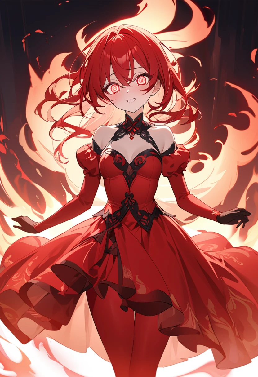 You are a professional illustrator。Please carefully check and draw the illustration according to the following conditions.。Crimson Theme、A girl dancing in the swirling flames、Gazing Eyes、Harem、Delicate anime face、Alluring expression、Transparent Eyes、Delicate and beautiful skin、Bright red clothes、