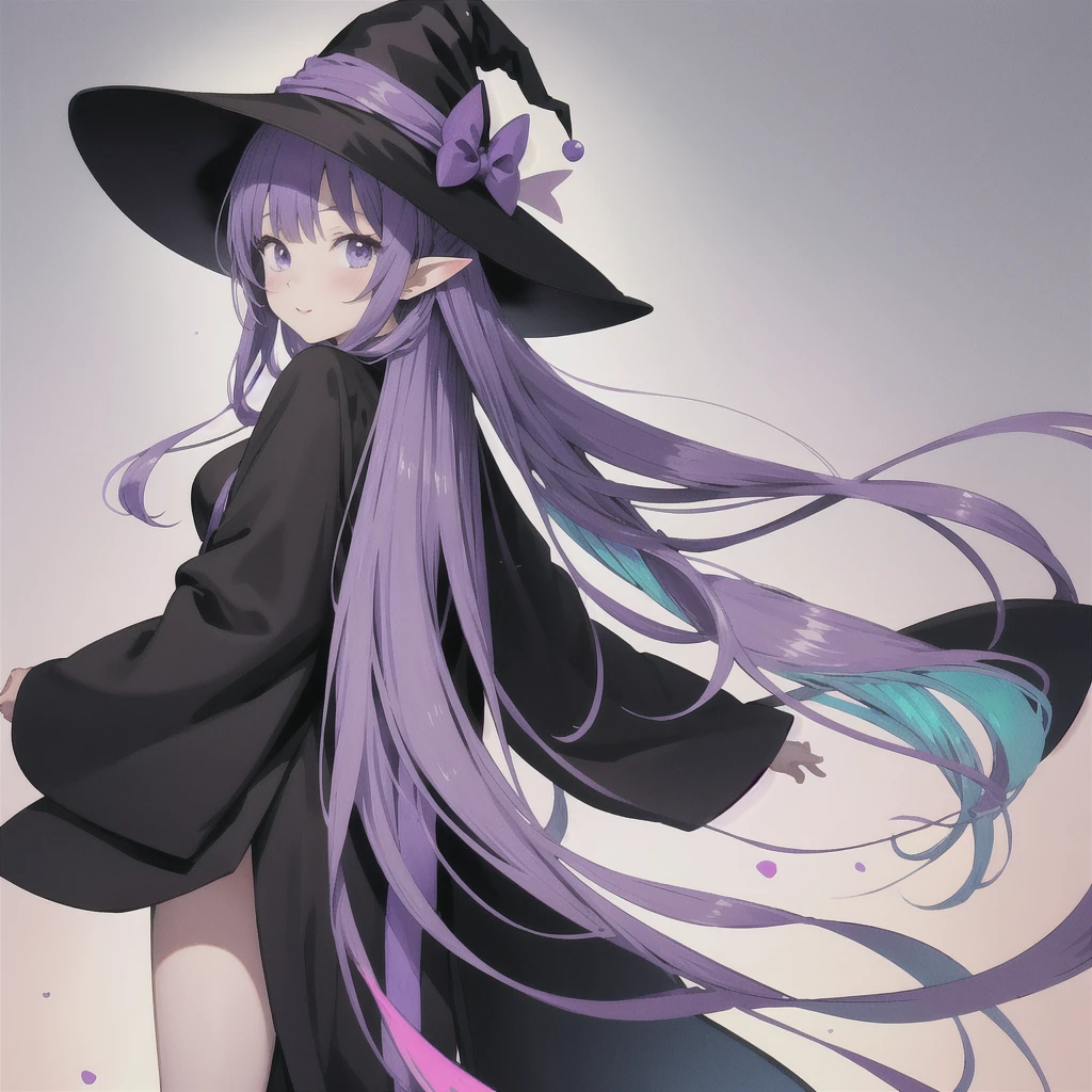 anime girl long purple hair wearing a black Robe. she has pointy ears. Witch Hat. Manga kawaii. iridescent ,An illustration, 0ne person .look back
