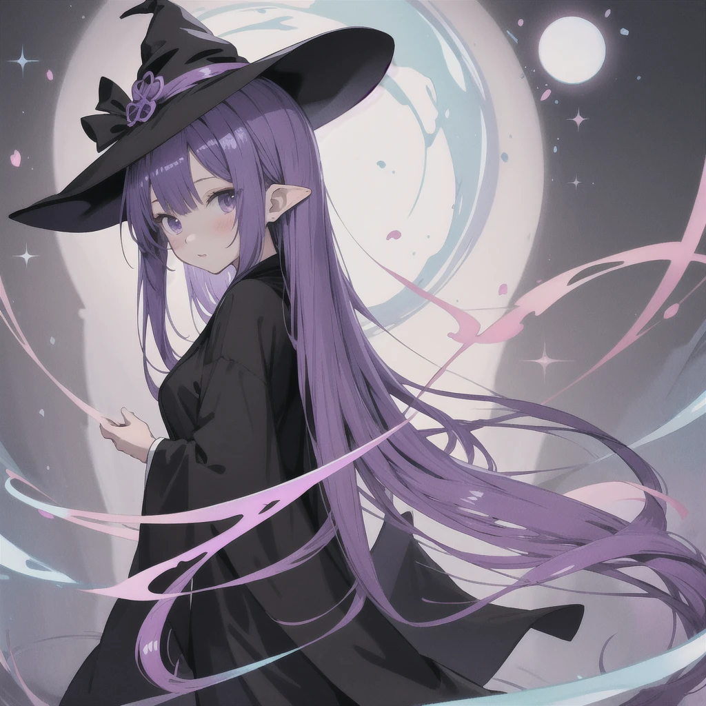 anime girl long purple hair wearing a black Robe. she has pointy ears. Witch Hat. Manga kawaii. iridescent ,An illustration, 0ne person .look back