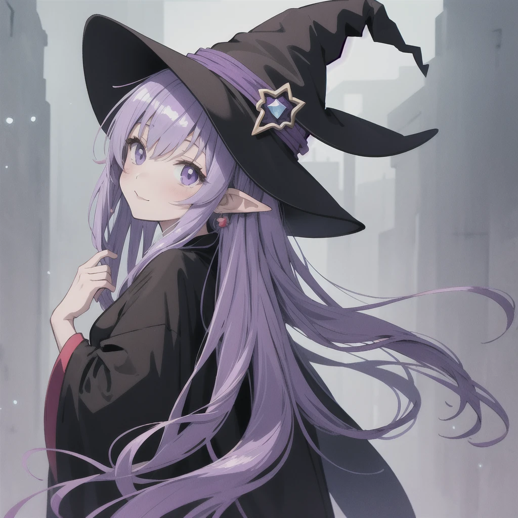 anime girl long purple hair wearing a black Robe. she has pointy ears. Witch Hat. Manga kawaii. iridescent ,An illustration, 0ne person .look back