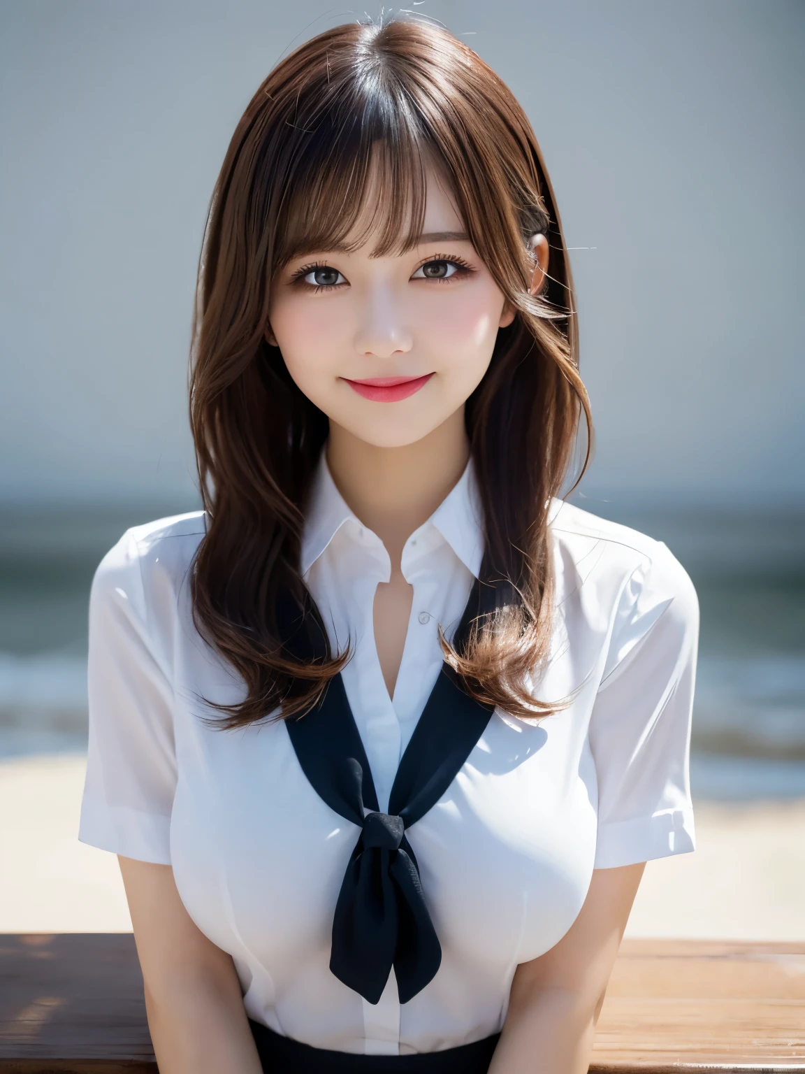 Tabletop, Highest quality, shape, Very detailed, In detail, High resolution, 8k wallpaper, Perfect dynamic composition, Beautiful details, White Magic Academy Uniform, Natural Lip, Big Breasts, Exposing the breasts,Asymmetrical Wave Hairstyle, smile, White Background
