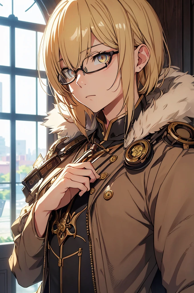 Blonde, Round Glasses, cool, (Gear Accessories), anime, beautiful, masterpiece, Highest quality, (1male性:1.5), (Shining Eyes:1.3), (Beautifully detailed eyes:1.1)、[[Delicate fingers and hands:0.55]::0.85], (Detailed reference),male, maleらしく, male, (Not as it really is), (bad), (Not as it really is感), No chest