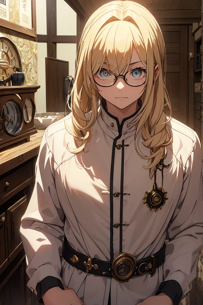 Blonde, Round Glasses, cool, (Gear Accessories), anime, beautiful, masterpiece, Highest quality, (1male性:1.5), (Shining Eyes:1.3), (Beautifully detailed eyes:1.1)、[[Delicate fingers and hands:0.55]::0.85], (Detailed reference),male, maleらしく, male, (Not as it really is), (bad), (Not as it really is感), No chest