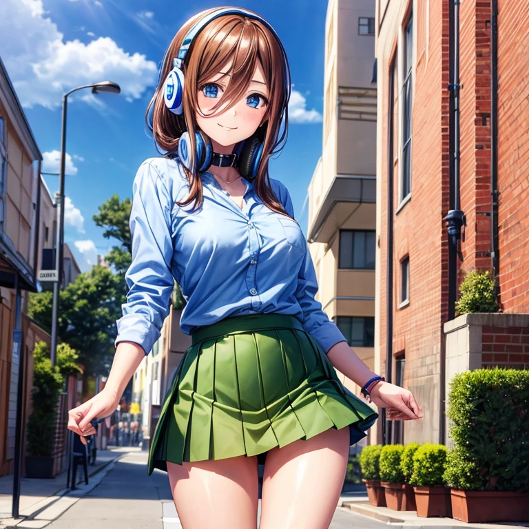 girl with brown hair、Green skirt、light blue cardigan、(Blue headphones)、Semi-long hair、Black pantyhose、sheer stockings、vagina、、(no panties)、(Wet)、red blush、Solo、(See-through)