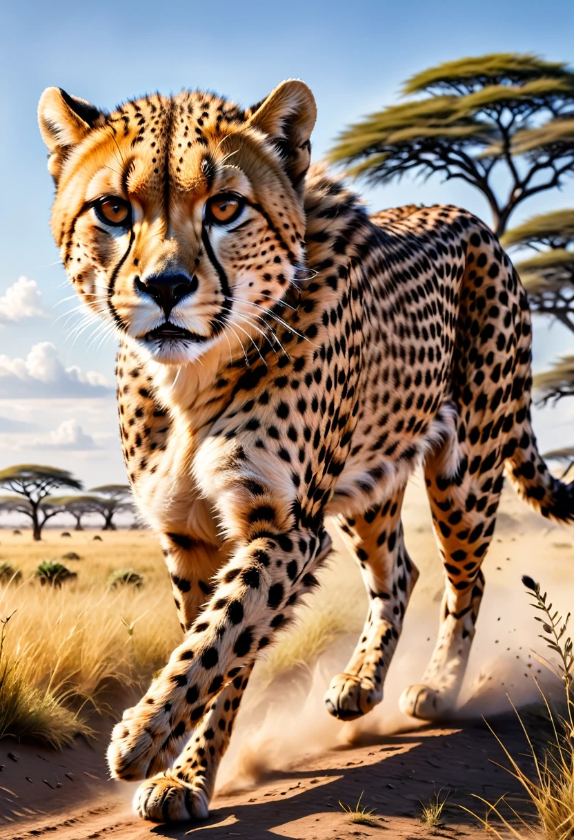 Cheetah galloping through the Serengeti National Park, (masterpiece), (high quality), 8K, high resolution, extremely detailed,