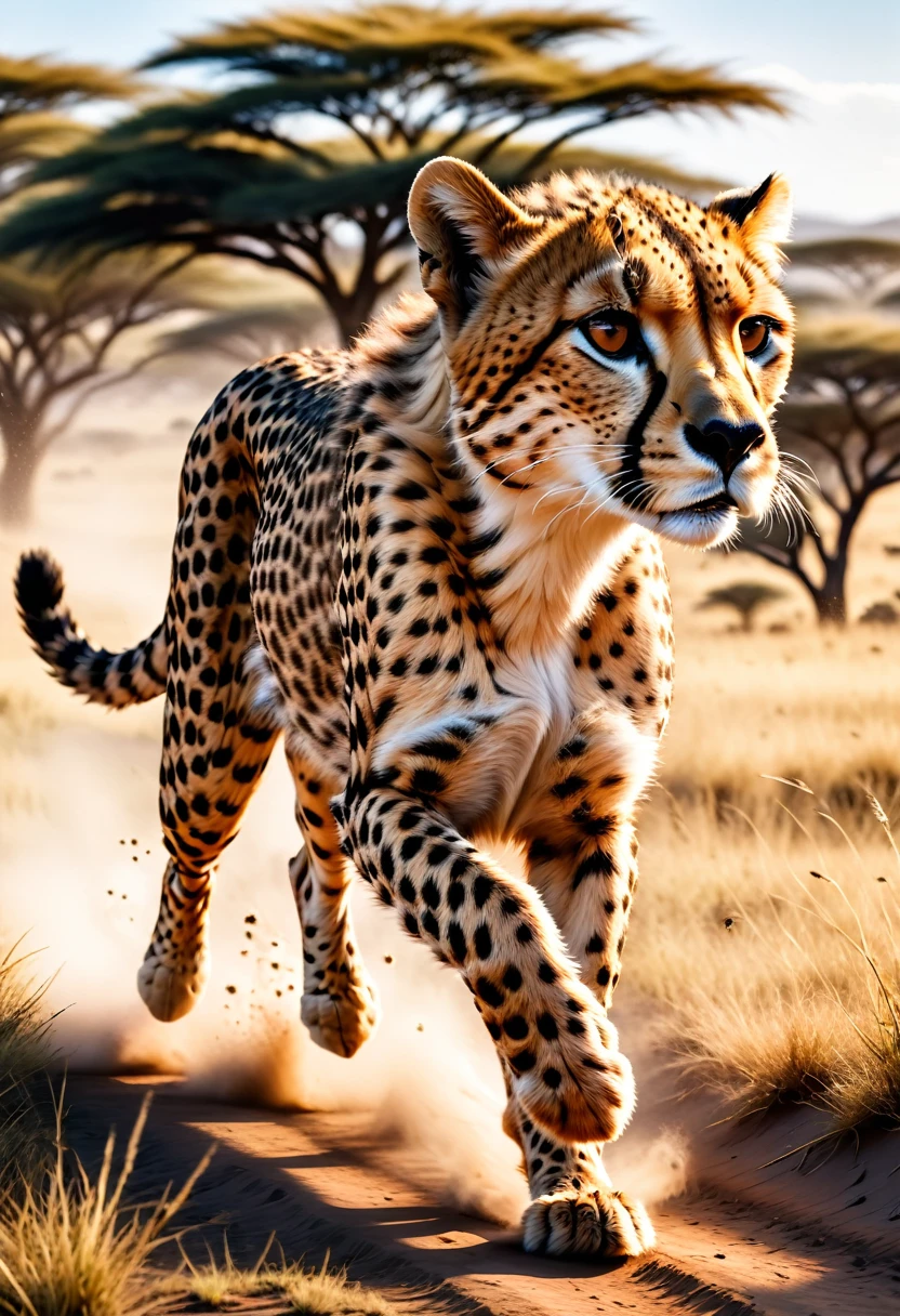 Cheetah galloping through the Serengeti National Park, (masterpiece), (high quality), 8K, high resolution, extremely detailed,