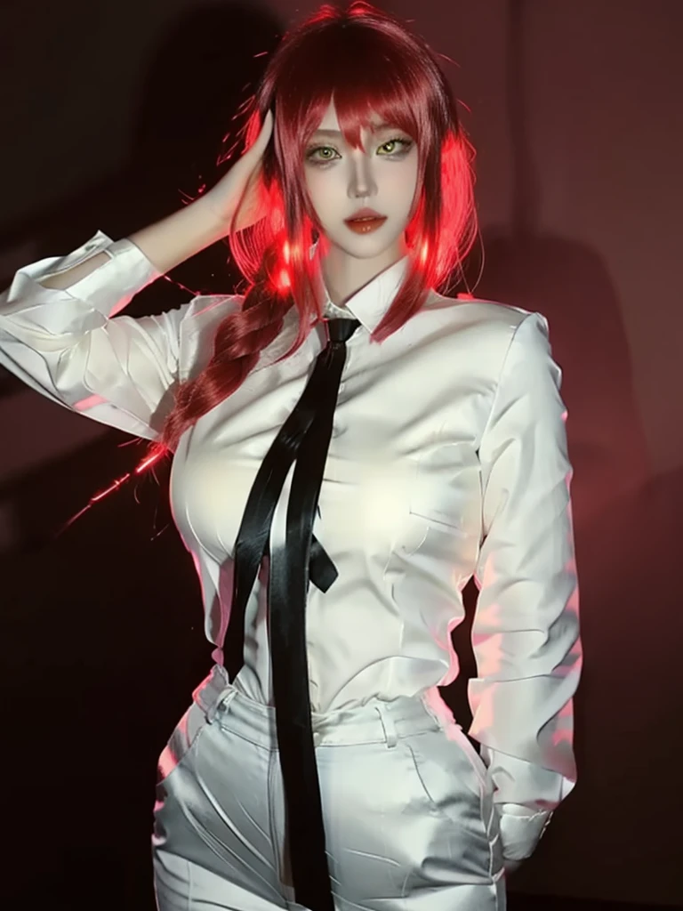beautiful gorgeous Makima woman staring at the viewer, yellow eyes, sharp, red hair, white shirt, black , long legs, black tie, volumetric lightning, superdetailed