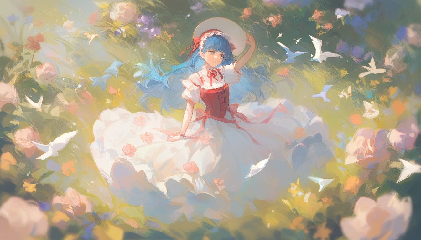 1 girl, blue hair, long hair, cute, light, lolita, short skirt, falling, detailed, flowers, birds, ribbon