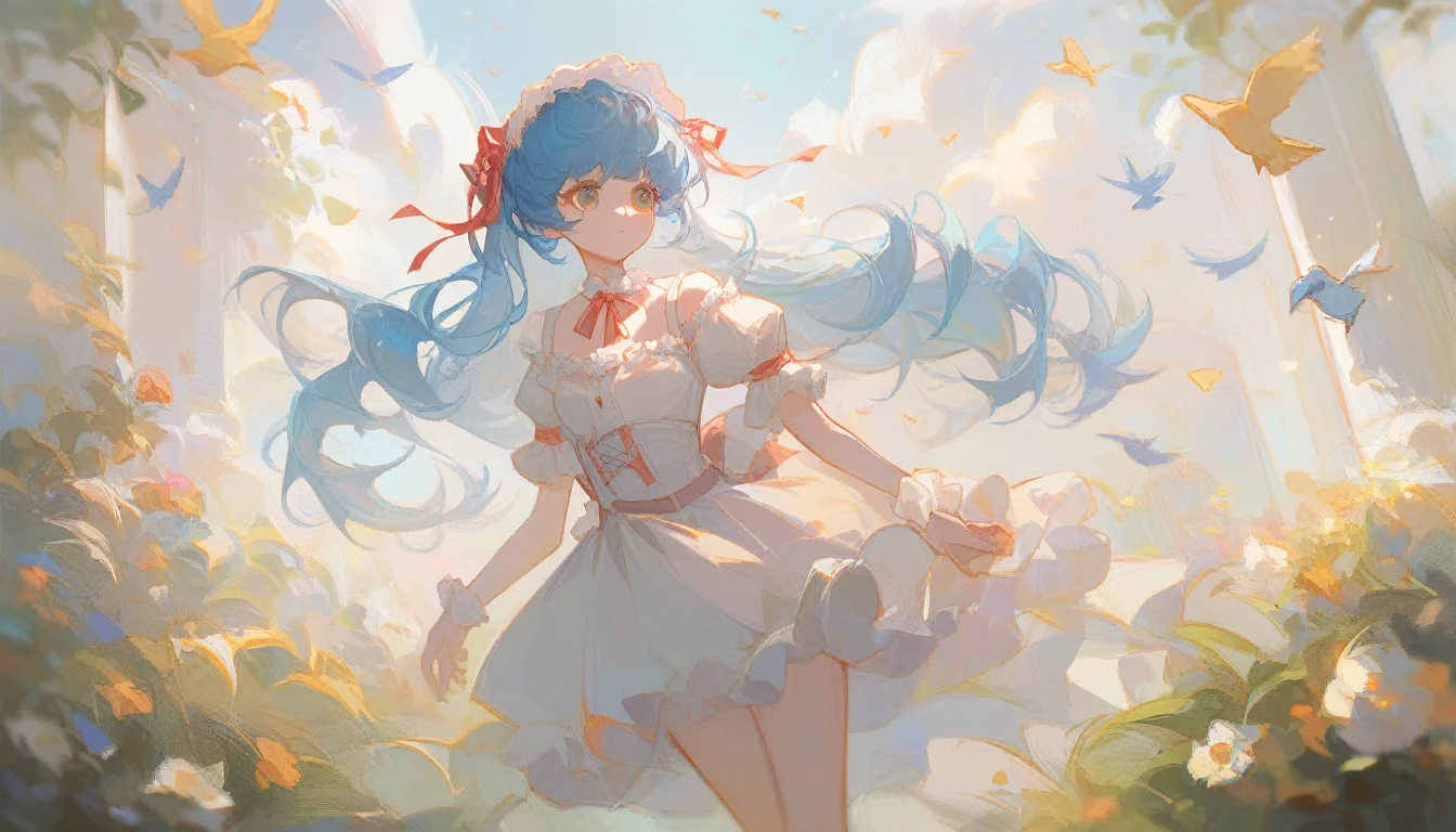 1 girl, blue hair, long hair, cute, light, ****ta, short skirt, falling, detailed, flowers, birds, ribbon