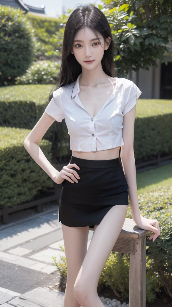 RAW, masterpiece, best quality, extremely detailed, 8k, HDR, photorealistic, intricate, (A skinny Korean girl), (black straight hair), (extremely-slim body), (narrow and small hips:1.3), (extremely-white pale-porcelain skin), smile, standing, outdoors, wearing a (fully buttoned down short sleeves shirt revealing bra), and (extremely-short black microskirt:1.4), (close-up picture)