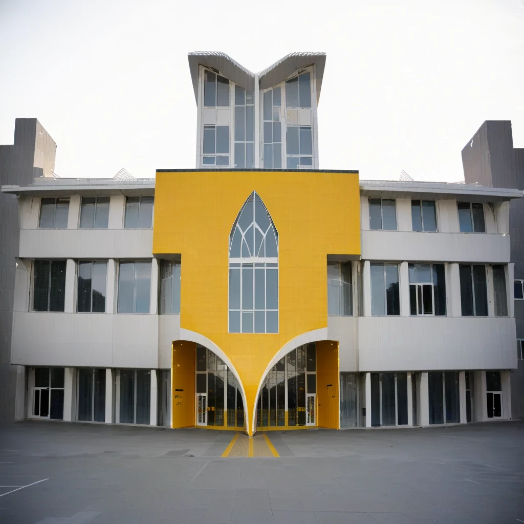 yellow and white building with a large arched window and a yellow door, reykjavik junior college, danube school, modern technology building, post modern architecture, fzd school of design, frontview, geometrical masterpiece, unique architecture!, florentine school, building facing, verner panton, arhitectural shot, unique architecture, magnificent design