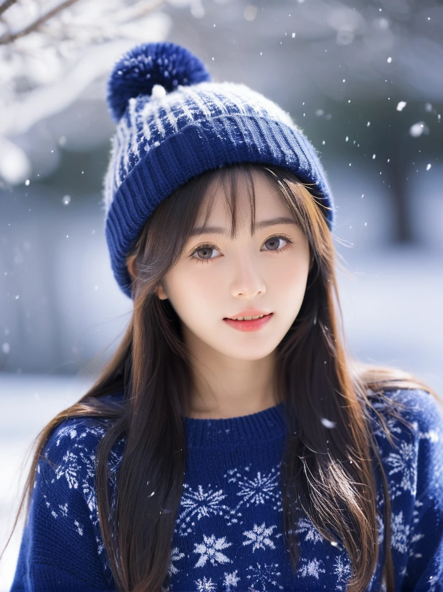 best quality, masterpiece,
Analog photo of Japanese idol girl wearing sweater and sweater hat, looking at viewer, long hair, Headshots, hold one&#39;s cheek with one&#39;s hand, enlargement, very beautiful detailed face, medium chest, (Cute face, looks tempting), eye level,
professional photos, high contrast exposure, soft bokeh, high key light, solid shadow, soft bokeh, snowfall, snowfall background,