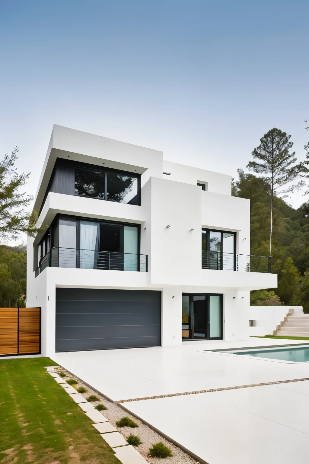 ((Best Quality)), ((Masterpiece)), (detailed), contemporary modern house fusing cubist elements with organic influences, flown slab, windows, white surfaces, Detail the exterior so much, specific characteristics such as materials, functional spaces and design elements that reflect the architect&#39;s unique sensibility, fromtal view from far away.