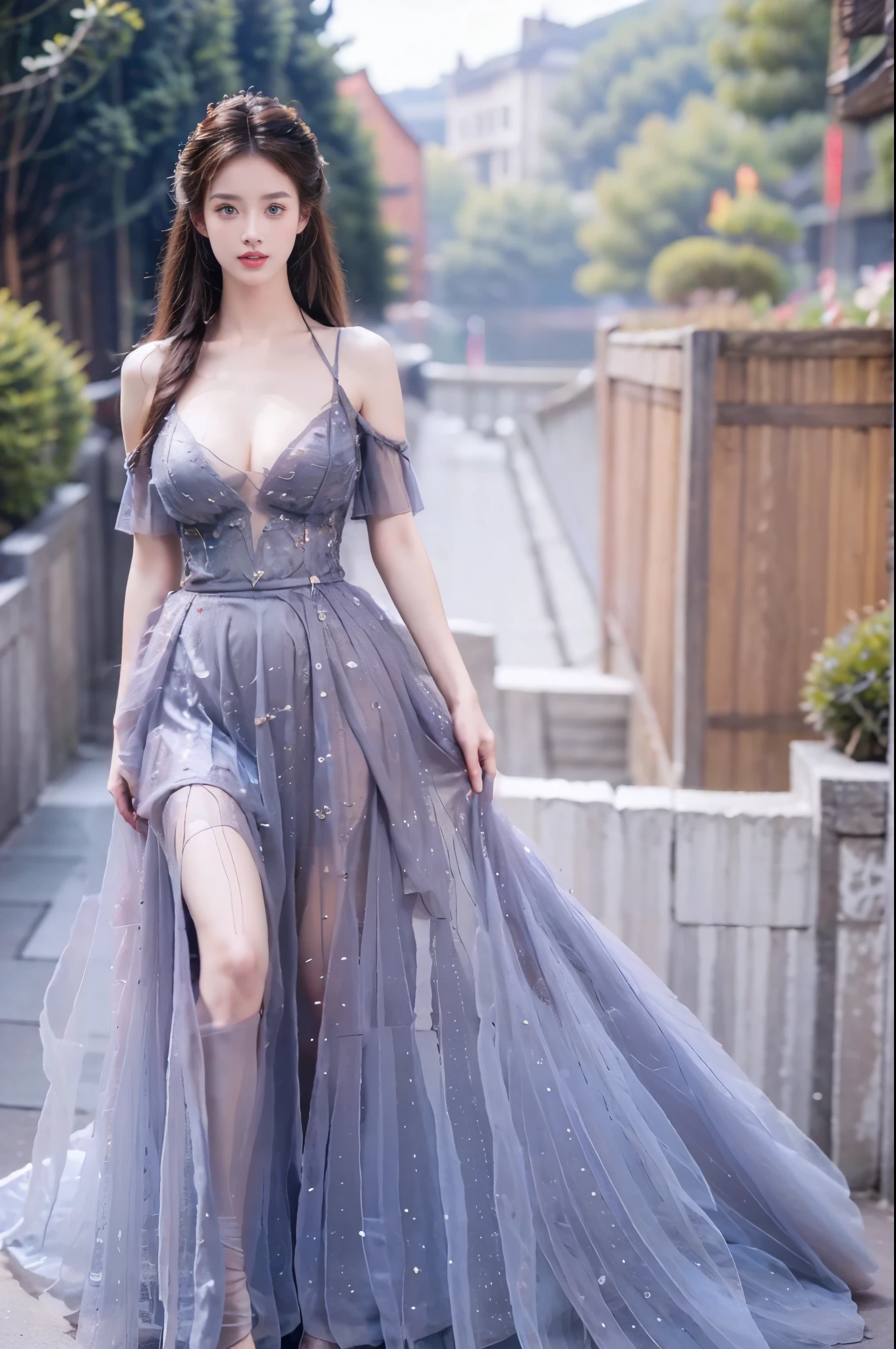 long dress,bare shoulders, (Beauty, beautiful), Have a perfect body:1.4,Layered Hairstyle,((Large Breasts)), ((D cup)), Visible cleavage,Bare shoulders, Highly detailed face and skin texture,Double eyelids,Skin Whitening,Long hair,Whitening long legs,Standing by the sea, Fashion Girl, Red lips, Sweet Girl, Beautiful makeup, detail, lifelike, Very detailed, Astonishing, beautiful, Young and energetic, high quality,HD, Colorful,Beautifully, Smooth skin, The skirt is very short, Lifting the skirt with hands, Elegant and charming gesture, Official Art, Extremely detailed, Movie atmosphere, Soft colors, Natural skin texture,