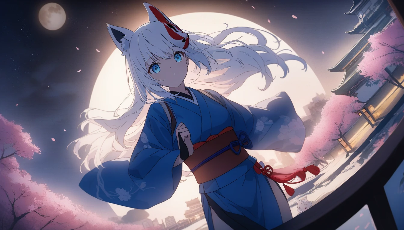 A magnificent view of the city from the treetopasterpiece, best quality:1.2), 1girl, 独奏,Wolf girl, fox mask, ninja, girl, long white hair, odd eyes, blue kimono, ninja girl, red and blue scarf,Dancing Cherry Blossoms,Full moon backlighting, light coming in, fantastic atmosphere.night、Shadows of light and darkness、Eyes glowing in the dark、Black fox mask、Fisheye Lens、Expansive starry sky、long hair that spreads、Overlooking the city from atop a large cherry tree、Aside exposure