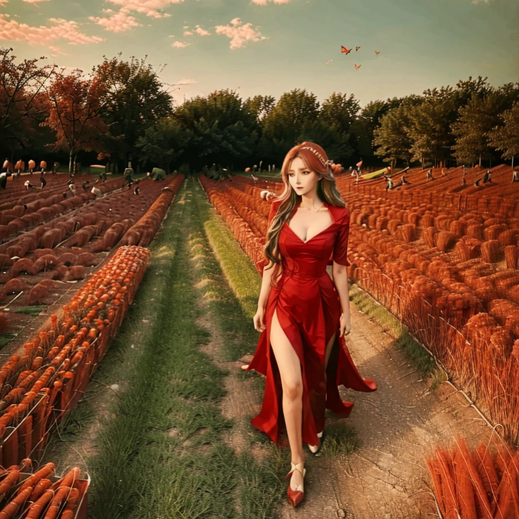 A woman in red gown running over a huge chess board placed in a field of carrots, surrounding birds flying and butterflies, (HDR quality 4k, 8k, high quality)
