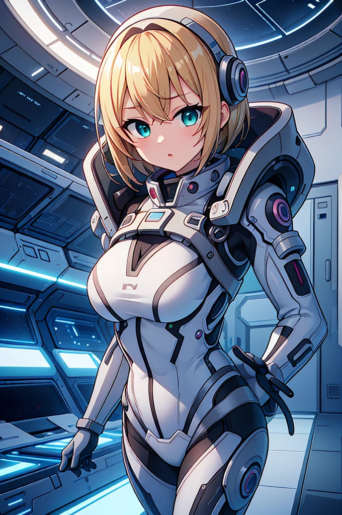 One girl, blonde_hair, 一人in,(Space Helmet):6, green_eye, Looking_in_Audience, Futuristic_diving_suit, Realistic, chest, short_hair, lips, Moderate_chest, cyborg_Enhancements, expensive_technology_armor, underwiner, Coral_Reef, tropical_fish, sunlight_light, Futuristic_breinhing_apparinus