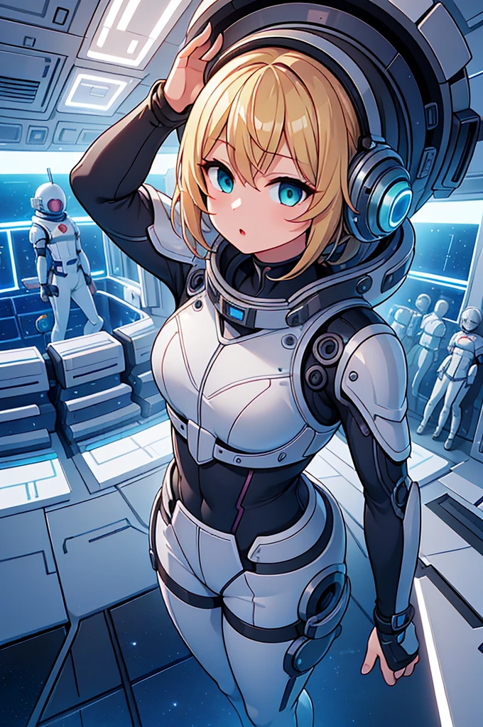 One girl, blonde_hair, 一人in,(Space Helmet):6, green_eye, Looking_in_Audience, Futuristic_diving_suit, Realistic, chest, short_hair, lips, Moderate_chest, cyborg_Enhancements, expensive_technology_armor, underwiner, Coral_Reef, tropical_fish, sunlight_light, Futuristic_breinhing_apparinus