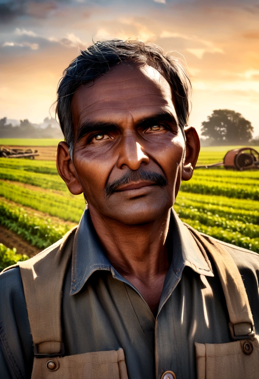 Indian farmer working in the fields. Bust photo. Farmland and farm tools in the background
