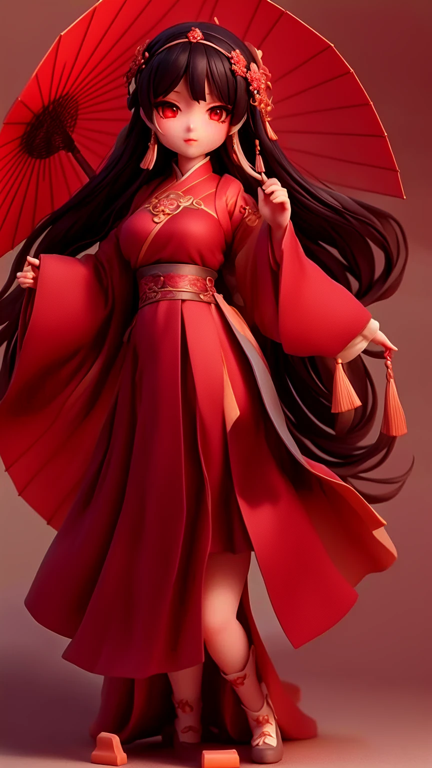 a close up of a ancient Chinses doll with a red oil-paper umbrella and red dress, black hair and eyes, render of a cute 3d anime girl, cute character, cute 3 d render, ( highly detailed figure ), highly detailed character, palace ， a girl in hanfu, artwork in the style of guweiz, guweiz masterpiece, trending on cgstation, anime styled 3d
