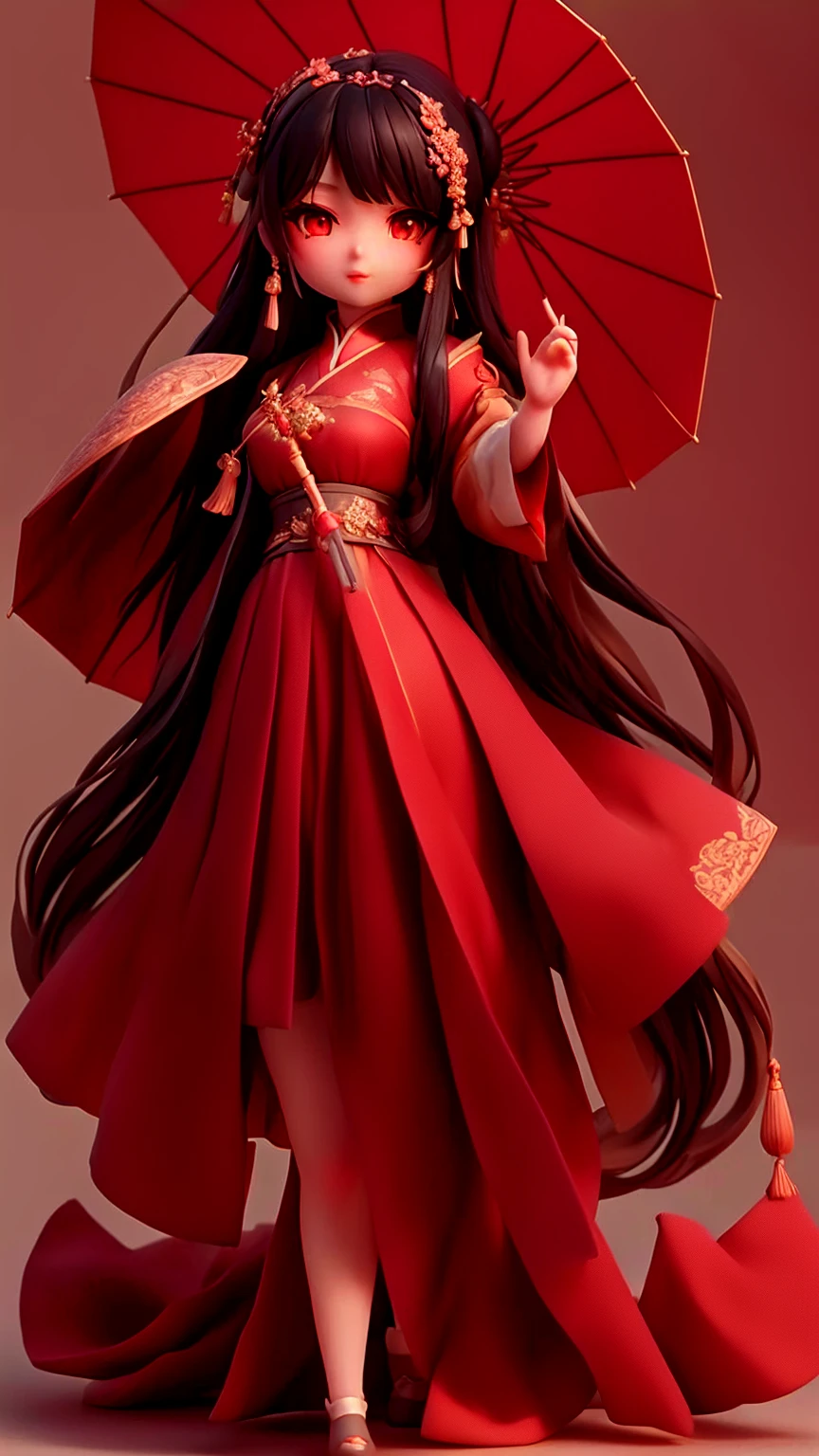 a close up of a ancient Chinses doll with a red oil-paper umbrella and red dress, black hair and eyes, render of a cute 3d anime girl, cute character, cute 3 d render, ( highly detailed figure ), highly detailed character, palace ， a girl in hanfu, artwork in the style of guweiz, guweiz masterpiece, trending on cgstation, anime styled 3d