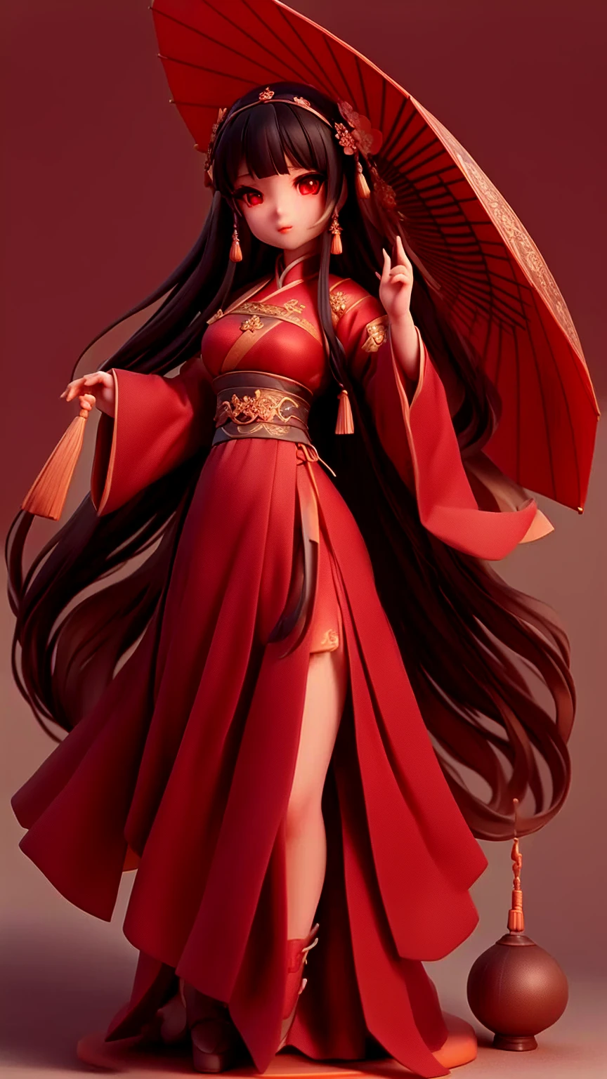 a close up of a ancient Chinses doll with a red oil-paper umbrella and red dress, black hair and eyes, render of a cute 3d anime girl, cute character, cute 3 d render, ( highly detailed figure ), highly detailed character, palace ， a girl in hanfu, artwork in the style of guweiz, guweiz masterpiece, trending on cgstation, anime styled 3d