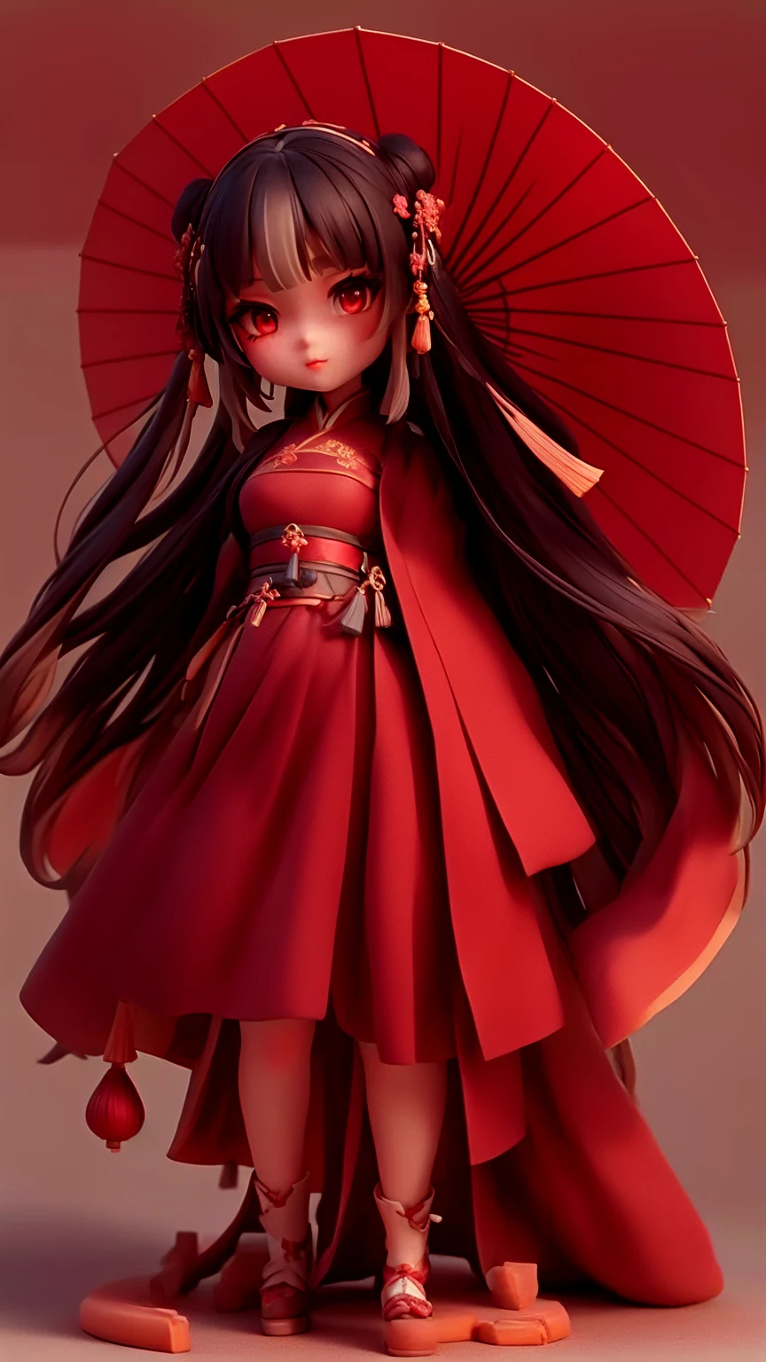 a close up of a ancient Chinses doll with a red oil-paper umbrella and red dress, black hair and eyes, render of a cute 3d anime girl, cute character, cute 3 d render, ( highly detailed figure ), highly detailed character, palace , a girl in hanfu, artwork in the style of guweiz, guweiz masterpiece, trending on cgstation, anime styled 3d