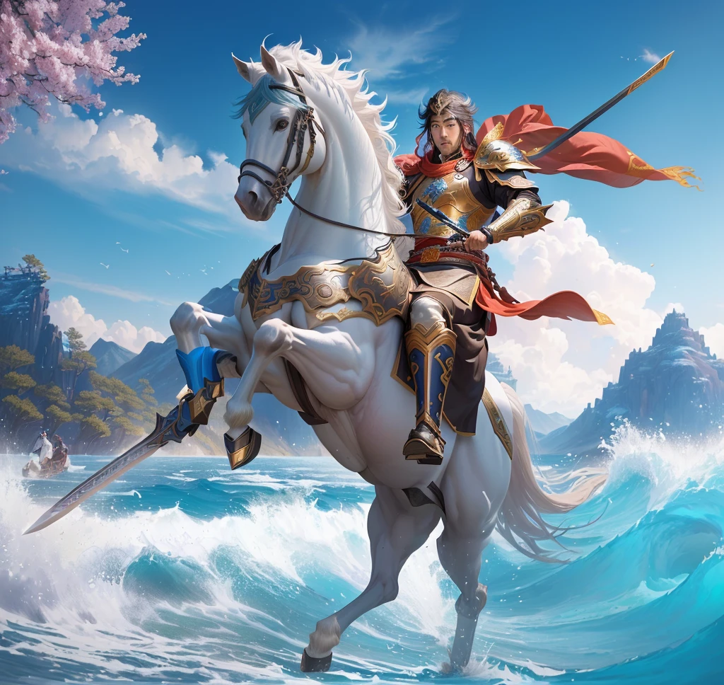 There is a man riding a horse，With a sword and shield, zhao yun, Queen of the Sea Mu Yanling, guan yu, Horse Warrior, xianxia hero, Inspired by Huang Shen, Inspired by Pu Hua, hua cheng, CG Artist, chinese warrior, Inspired by Lee Jung-jin, heise jinyao, author：Yang J