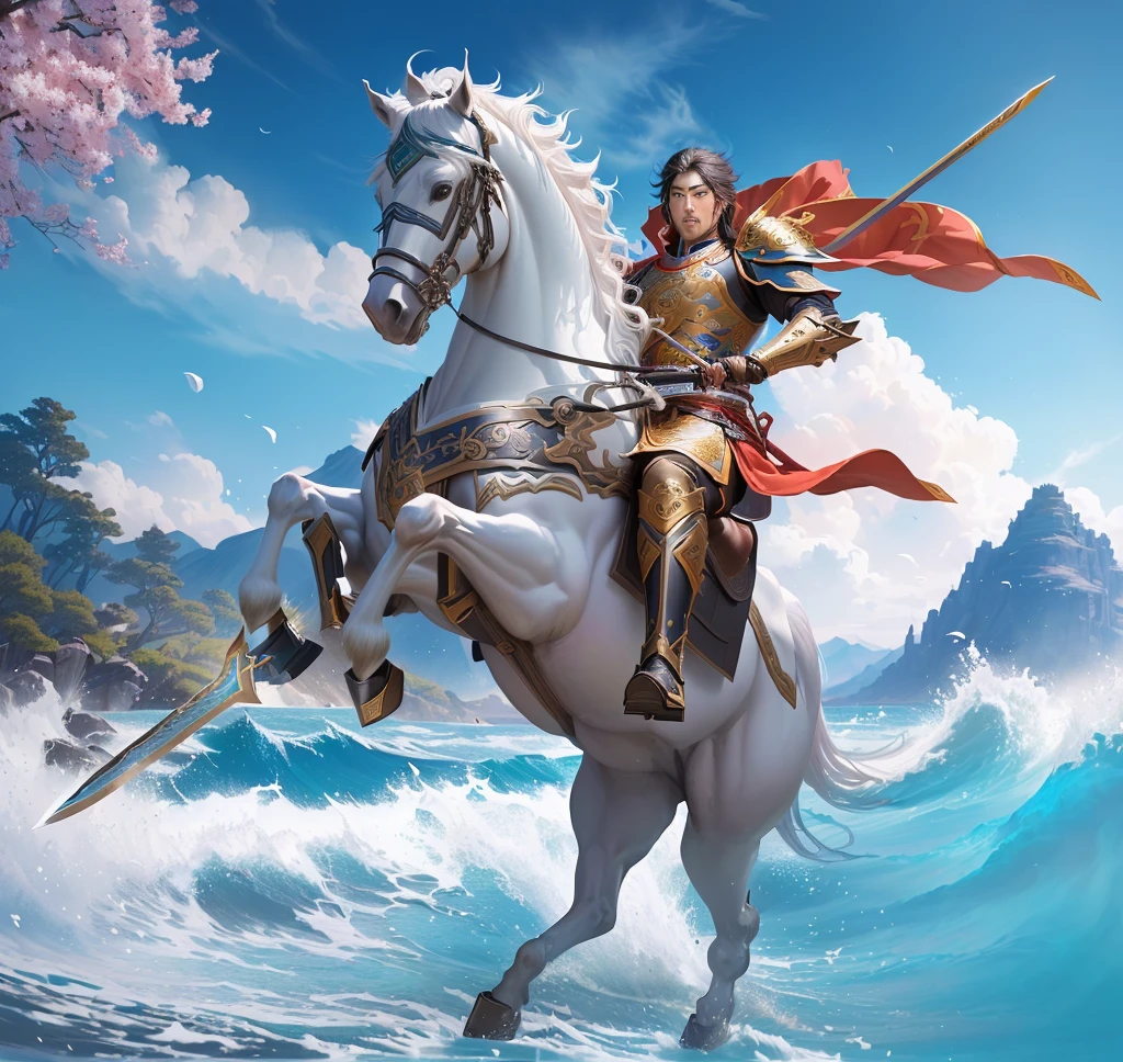 There is a man riding a horse,With a sword and shield, zhao yun, Queen of the Sea Mu Yanling, guan yu, Horse Warrior, xianxia hero, Inspired by Huang Shen, Inspired by Pu Hua, hua cheng, CG Artist, chinese warrior, Inspired by Lee Jung-jin, heise jinyao, author:Yang J