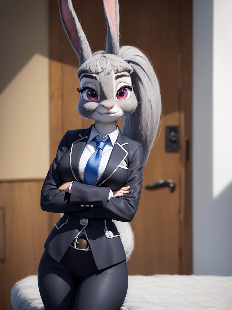 best quality, masterpiece, 3D anime, (((solo))), (((1girl))),  ((Face is JudyHopps)), (long ears like a rabbit:0.8), Heir is in a black ponytail style, Body is human lady, 	Navy blue business suit, Tailored jacket, White blouse, Skirt, (the suit is made of wool:1.4), suit color is {gray, black, stripe}, ((skin is silver with fluffy and fluffy)), (portrait view), In the background there is a office space, ((Her expression shows fresh smile, Waiting with hands folded in front of oneself))