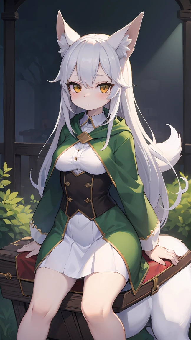 nsfw, 1 female fox, straight long white hair, green cloak, white skirt, riding on white horse,, ambient light, full body, masterpiece, high quality, high-details, best quality,