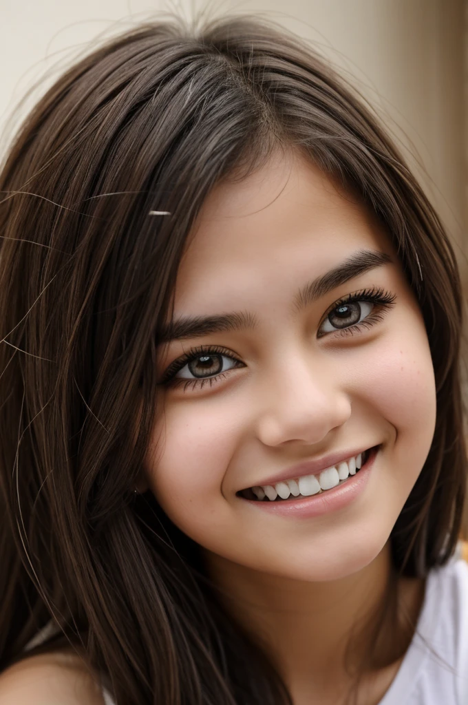 Teenage girl drawing, with dark brown hair,  big brown eyes with many eyelashes, White skin color, slim, beautiful smile, splattered nose