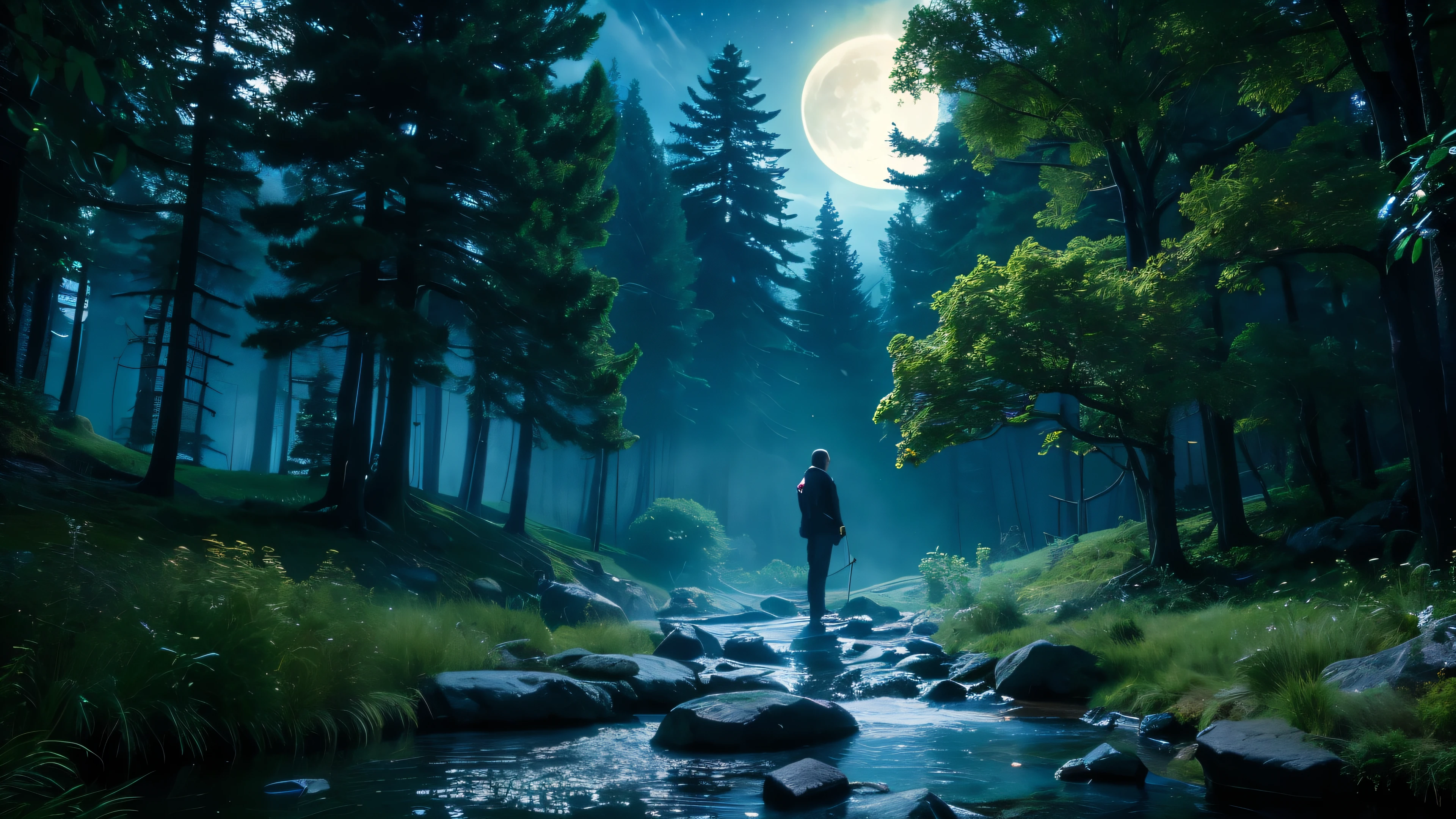 Surreal, otherworldly, illustration of a supernatural scene with a huge crystal tree full body, highly detailed and magical lighting, beautiful moonlit night, intricate forest details, surrounding vegetation and river, solarpunk, landscape, huge tree, beautiful foliage with beautiful lighting and realistic proportions, like a movie background, 8k, top quality, masterpiece, sky with clouds and stars. Big moon in the background, cinematic moonlit night with a stream flowing in that forest, mysterious and cinematic.