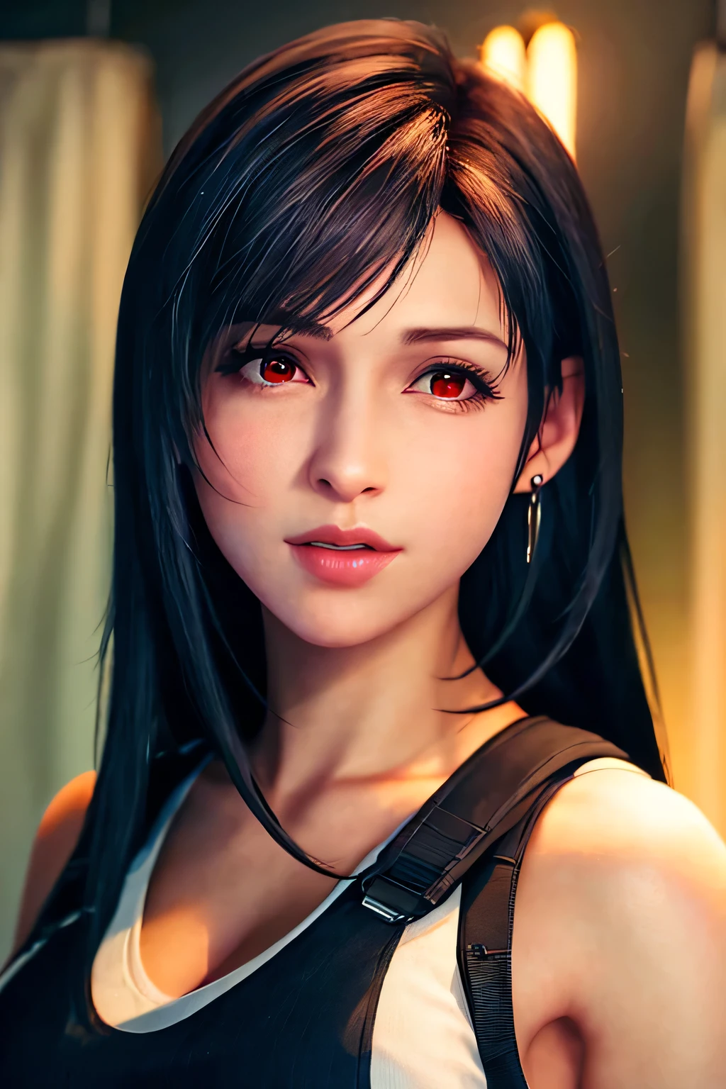 ff7r style, tifa lockhart,
1girl, solo, long hair, earrings, jewelry, red eyes, black hair, looking at viewer, realistic, blurry, parted lips, blurry background, tank top, swept bangs, lips, portrait, suspenders, bare shoulders, brown eyes, bangs
, ((masterpiece))
