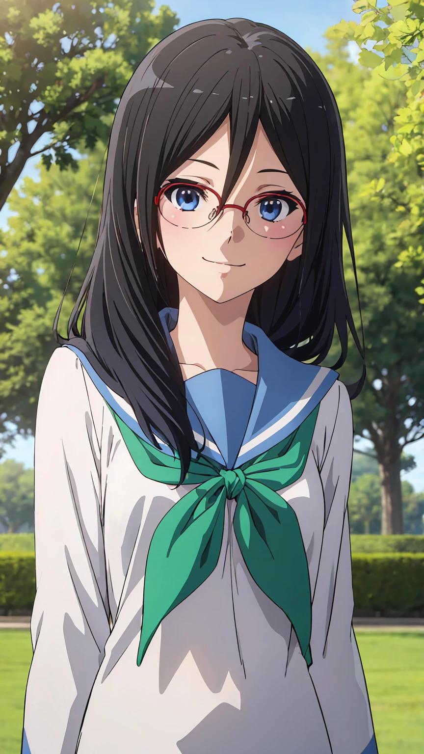 solo, 1girl, looking at viewer, sketch, flat colors, 2D, anime, anime coloring, upper body, asuka tanaka, kitauji high , serafuku, blue sailor collar, green neckerchief, looking at viewer, smile garden sakura tree 