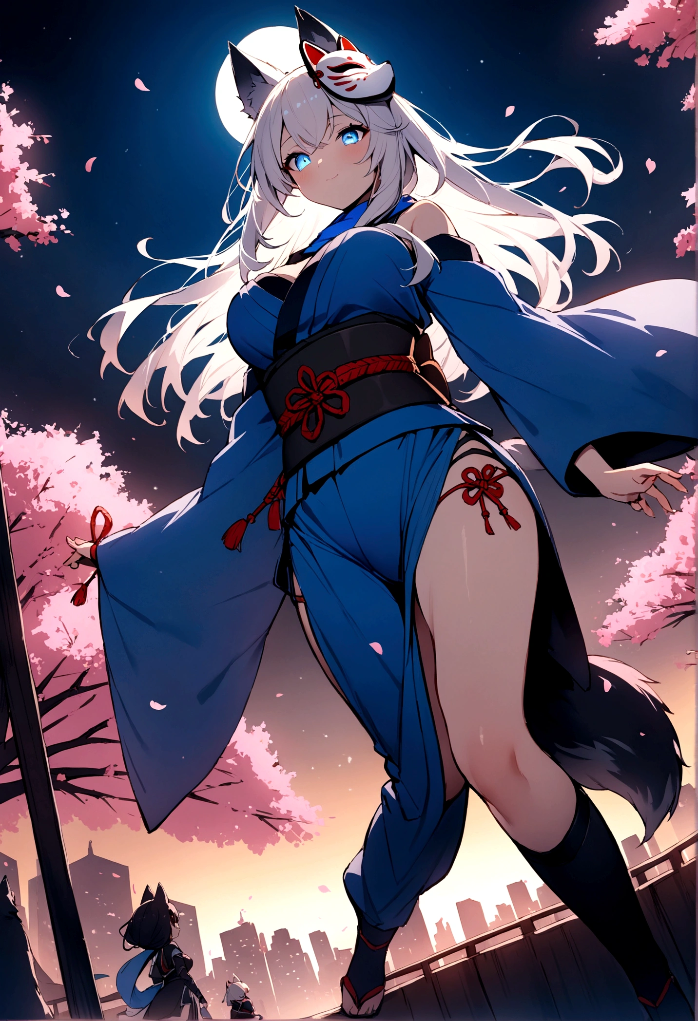 A magnificent view of the city from the treetops、(masterpiece, best quality:1.2), 1girl, 独奏,Wolf girl, fox mask, ninja, girl, long white hair, odd eyes, blue kimono, ninja girl, red and blue scarf,Dancing Cherry Blossoms,Full moon backlighting, light coming in, fantastic atmosphere.night、Shadows of light and darkness、Eyes glowing in the dark、Black fox mask、Fisheye Lens、Expansive starry sky、long hair that spreads、Overlooking the city from atop a large cherry tree、Aside exposure