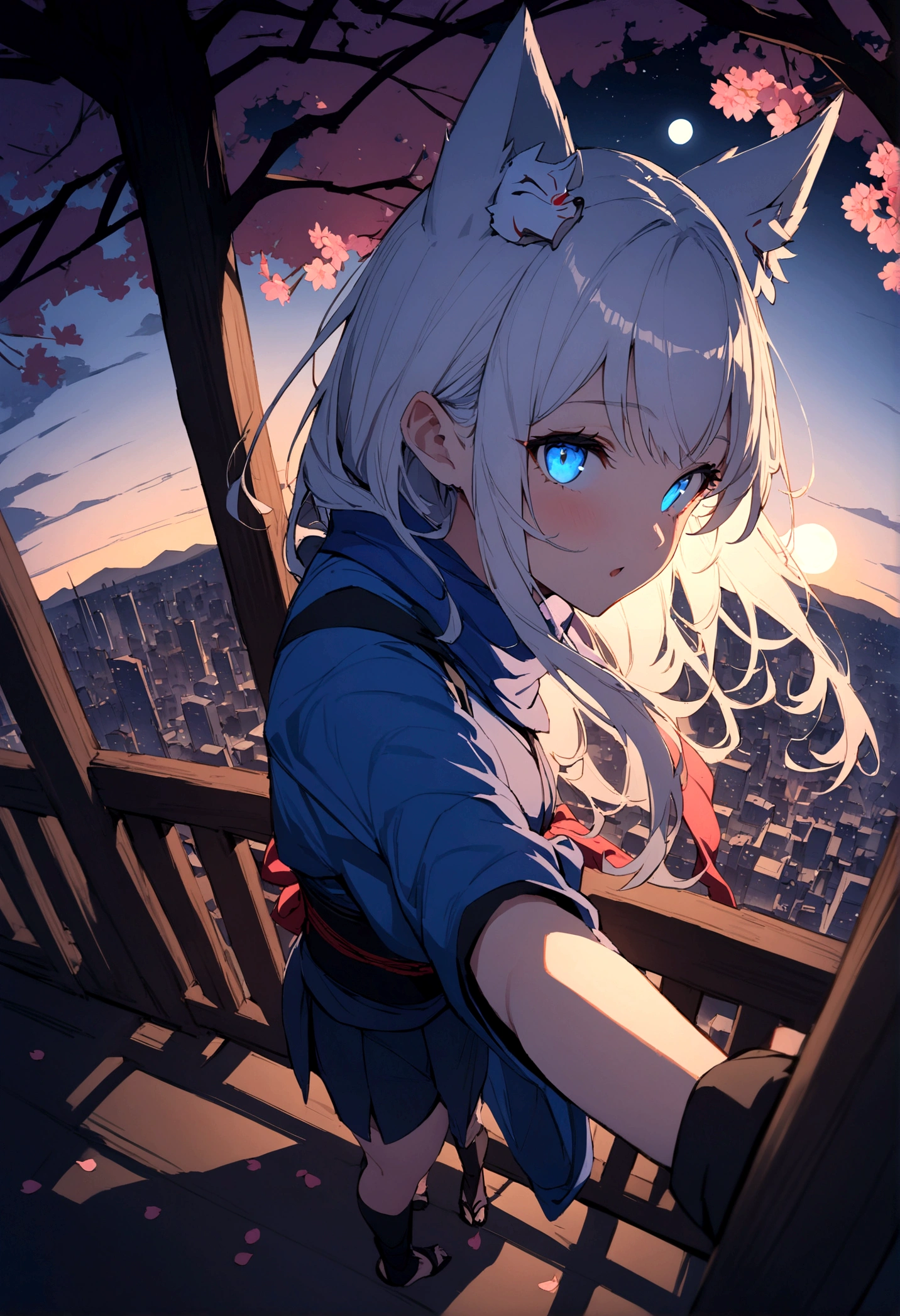 A magnificent view of the city from the treetops、(masterpiece, best quality:1.2), 1girl, 独奏,Wolf girl, fox mask, ninja, girl, long white hair, odd eyes, blue kimono, ninja girl, red and blue scarf,Dancing Cherry Blossoms,Full moon backlighting, light coming in, fantastic atmosphere.night、Shadows of light and darkness、Eyes glowing in the dark、Black fox mask、Fisheye Lens、Expansive starry sky、long hair that spreads、Overlooking the city from atop a large cherry tree、Aside exposure