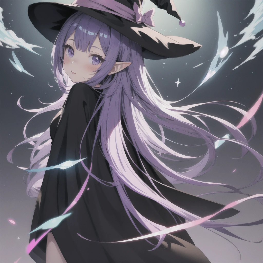 anime girl long purple hair wearing a black Robe. she has pointy ears. Witch Hat. Manga kawaii. iridescent ,An illustration, 0ne person .look back