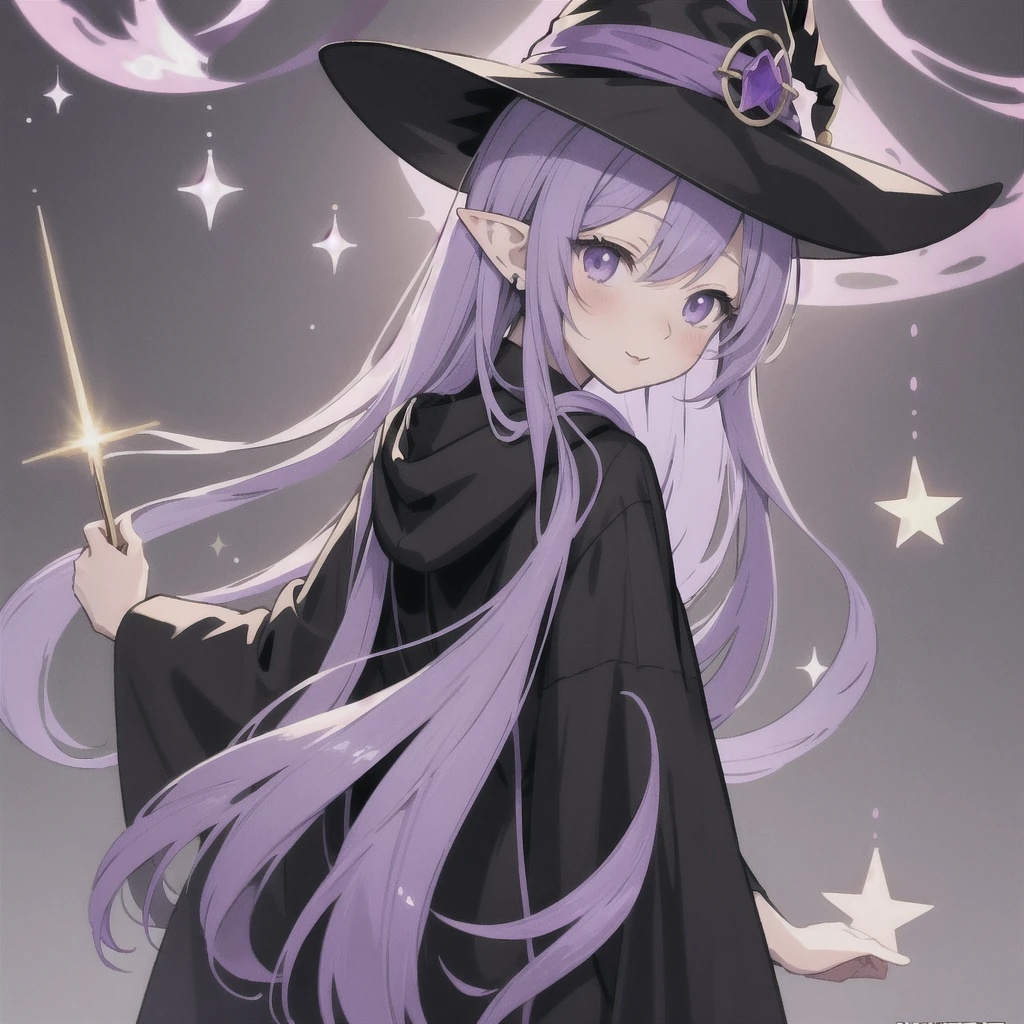 anime girl long purple hair wearing a black Robe. she has pointy ears. Witch Hat. Manga kawaii. iridescent ,An illustration, 0ne person .look back
