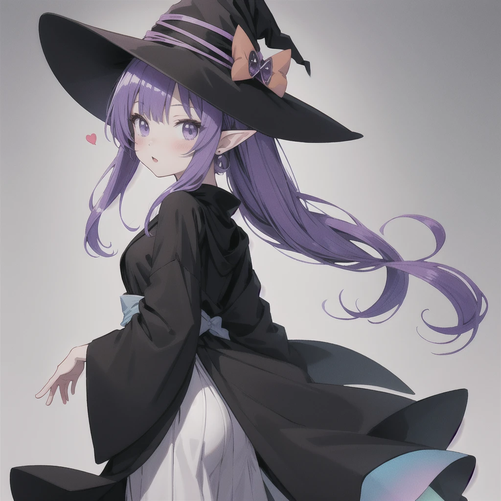 anime girl long purple hair wearing a black Robe. she has pointy ears. Witch Hat. Manga kawaii. iridescent ,An illustration, 0ne person .look back